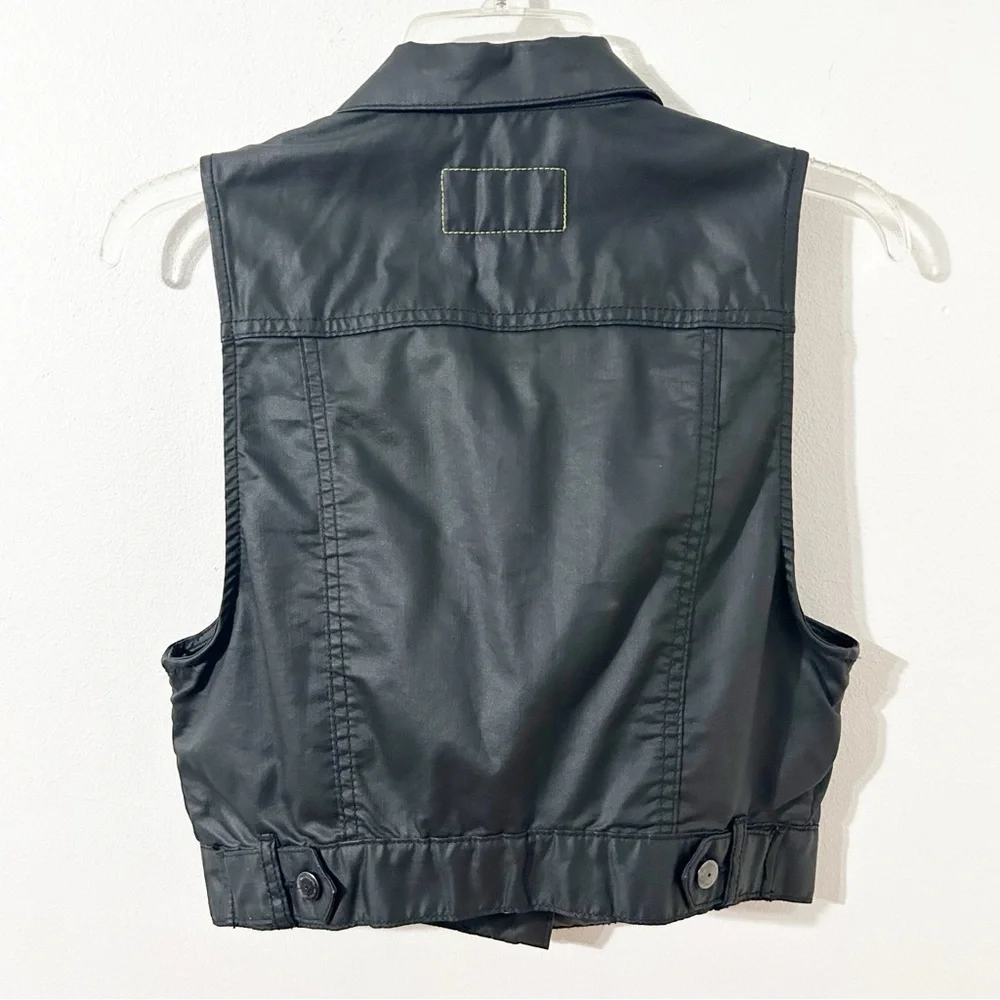 BCBGeneration Black Faux Leather Crop Sleeveless Vest Button Front Point Collar